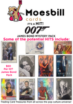 Advertisement for Moesbill cards featuring James Bond trading cards with promotional text.