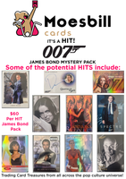 Advertisement for Moesbill cards featuring James Bond trading cards with promotional text.