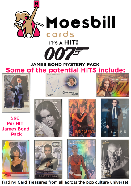 Advertisement for Moesbill cards featuring James Bond trading cards with promotional text.