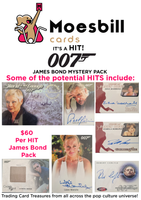 Advertisement for Moesbill James Bond trading cards with images of cards and text about the product.