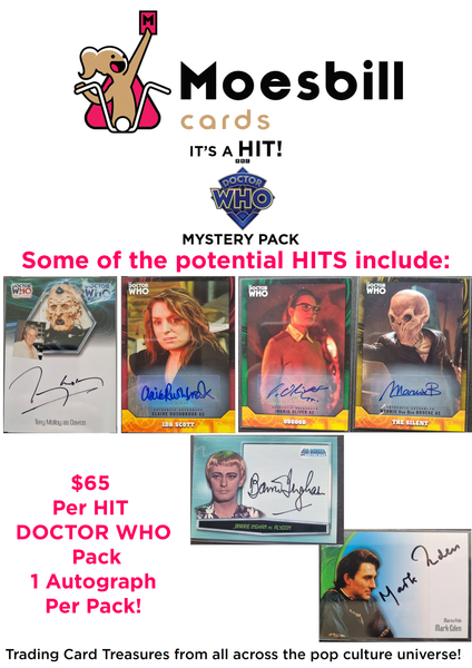 Advertisement for Moesbill cards featuring trading cards with autographs, including Doctor Who theme.