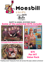 Advertisement for Moesbill Buffy & Angel trading card packs with images of cards and text.