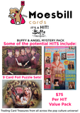 Advertisement for Moesbill Buffy & Angel trading card packs with images of cards and text.