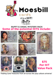 Advertisement for Moesbill Buffy & Angel trading card packs with images of cards and text.