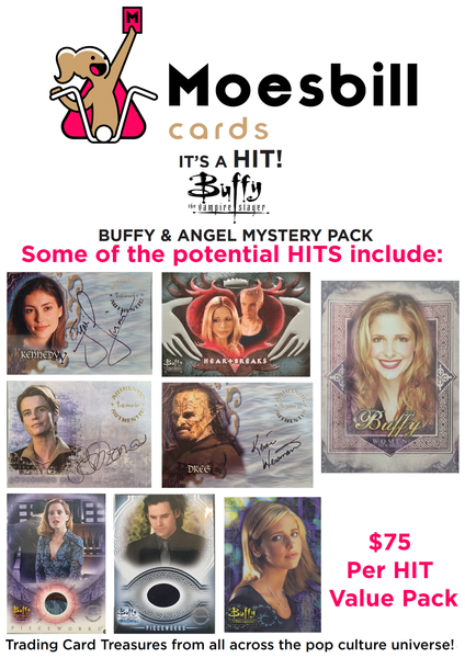 Advertisement for Moesbill Buffy & Angel trading card packs with images of cards and text.