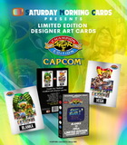 Promotional image for Capcom Street Fighter II cards featuring character artwork and packaging.