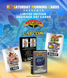 Promotional image for Capcom Street Fighter II cards featuring characters and packaging.