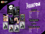 Promotional image of 'The Phantom' collectible cards with card designs and pricing on a purple background.