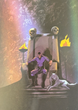 Character in a purple suit sitting on a throne with skulls and flames in a dark, mystical setting.