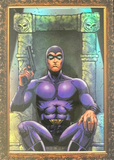 Character in a purple suit holding a gun, framed with decorative elements