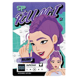 A collectible card featuring stylized anime artwork of Rumi from the K-pop group HUNTRX. The card has a purple and teal color scheme with the name 'RUMI' in stylized lettering, a music player graphic, and a small sticker-style illustration of Rumi in the bottom right corner.