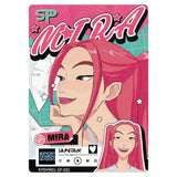A rectangular printed card or sticker featuring colorful anime-style artwork of a pink-haired woman, with large stylized text reading 'MIRA' and smaller text including 'SP', 'HUNTRAX', and 'KPOP ART HUNTERS'.