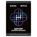 A K-pop Demon Hunters card featuring a black background with topographic line patterns, a central multicolor globe logo with a white 'H' in the center, and 'KAYOU' and text at the top.