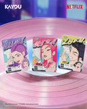 Three illustrated character cards for SPROUT ROLLS are arranged on a pink vinyl record. The cards feature cartoon portraits and names including Rula, Mira, and Zoey.