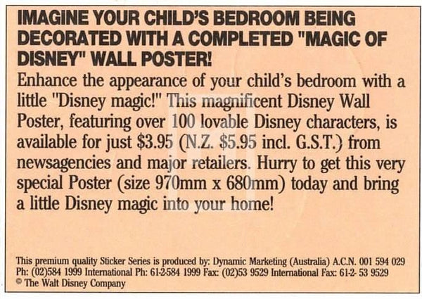 1992 Magic of Disney Sticker Trading Card 12 Webby Back D Imagine Your Child Bedroom Variant