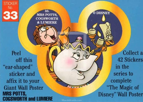 1992 Magic of Disney Sticker Trading Card 33 Mrs Potts Cogsworth Lumiere Front