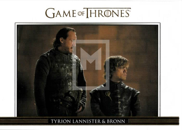 2014 Game of Thrones Season 3 Insert Relationships Gold Parallel Trading Card DL12 Front Bronn & Tyrion Lannister