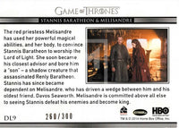 2014 Game of Thrones Season 3 Insert Relationships Gold Parallel Trading Card DL9 Back Stannis Baratheon & Melisandre